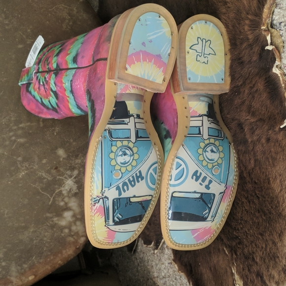 TIN HAUL "Happy Hippie" groovy rainbow tie dye leather cowgirl boots in box NWT - Picture 15 of 16